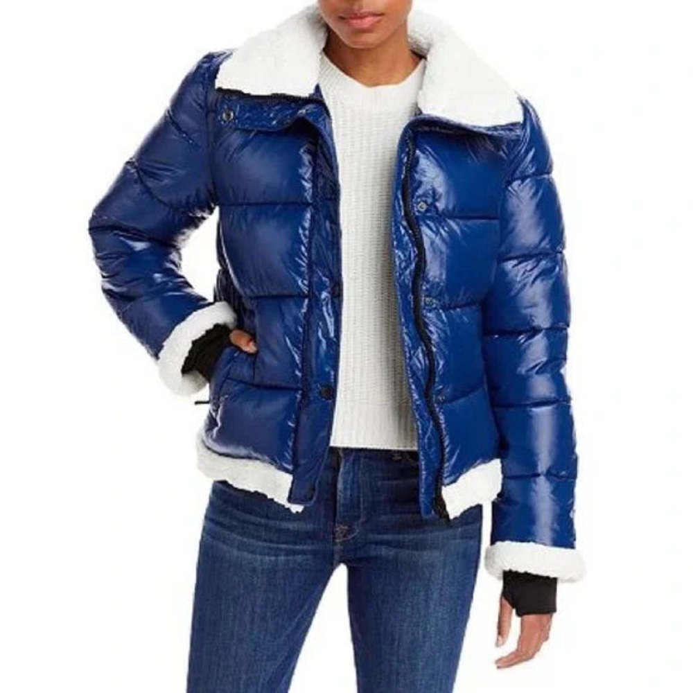 Avec Les Filles Shiny Cropped Sherpa Lined Puffer Coat Jacket in Blue, Size M - Picture 2 of 7